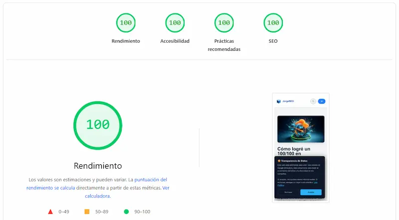 Captura de pantalla de la puntuación 100/100 en Google PageSpeed Insights
